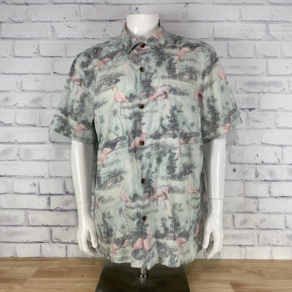 Tommy Bahama Shirt Men's XL Hawaiian Camp Shirt Silk Blend Floral Flamingos - Picture 2 of 12